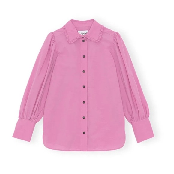 NWOT GANNI Cotton Puff Sleeve Shirt Size 40 (8/10) Pink Button Up Blouse Top*Y24 - Picture 2 of 7